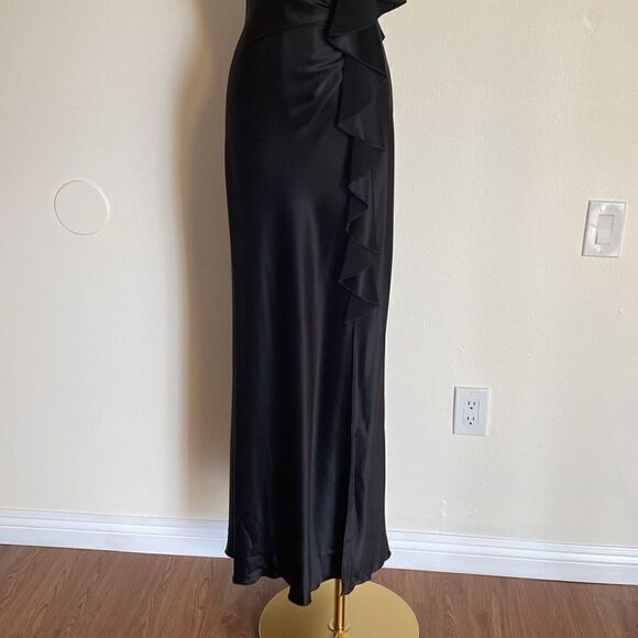 ABS Allen Schwartz Black Asymmetrical Ruffle Gown Size 4 - Picture 4 of 12